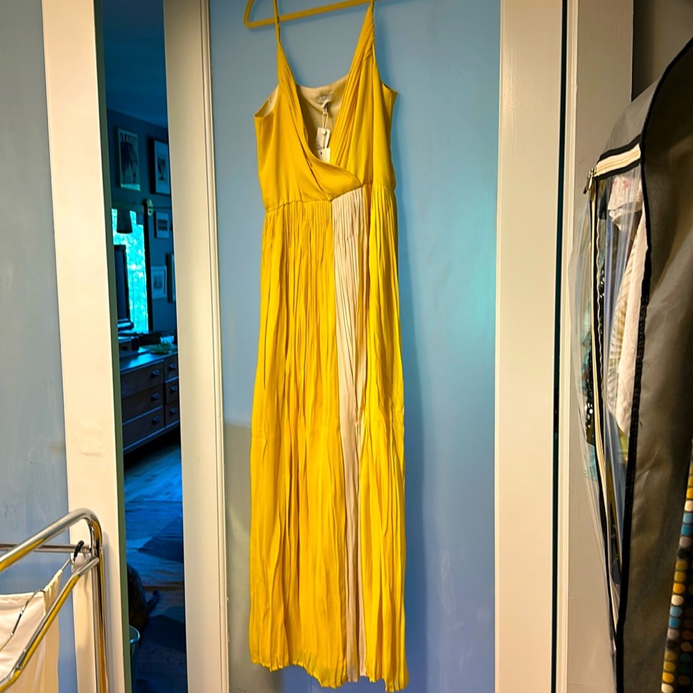 NWT Joie Ives Ombré Yellow Silk Pleated Maxi Dress Size L